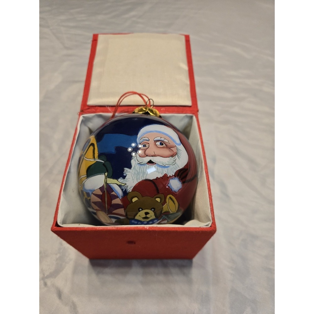 Vtg Handpainted‎ Glass Ball Ornament In Red Case Santa Sleigh Reindeer Holiday